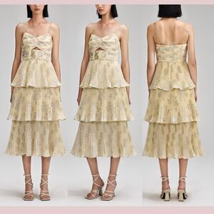 NEW‎ $615 SELF-PORTRAIT [ 8 US ] Metallic Jacquard Midi Dress in Yellow